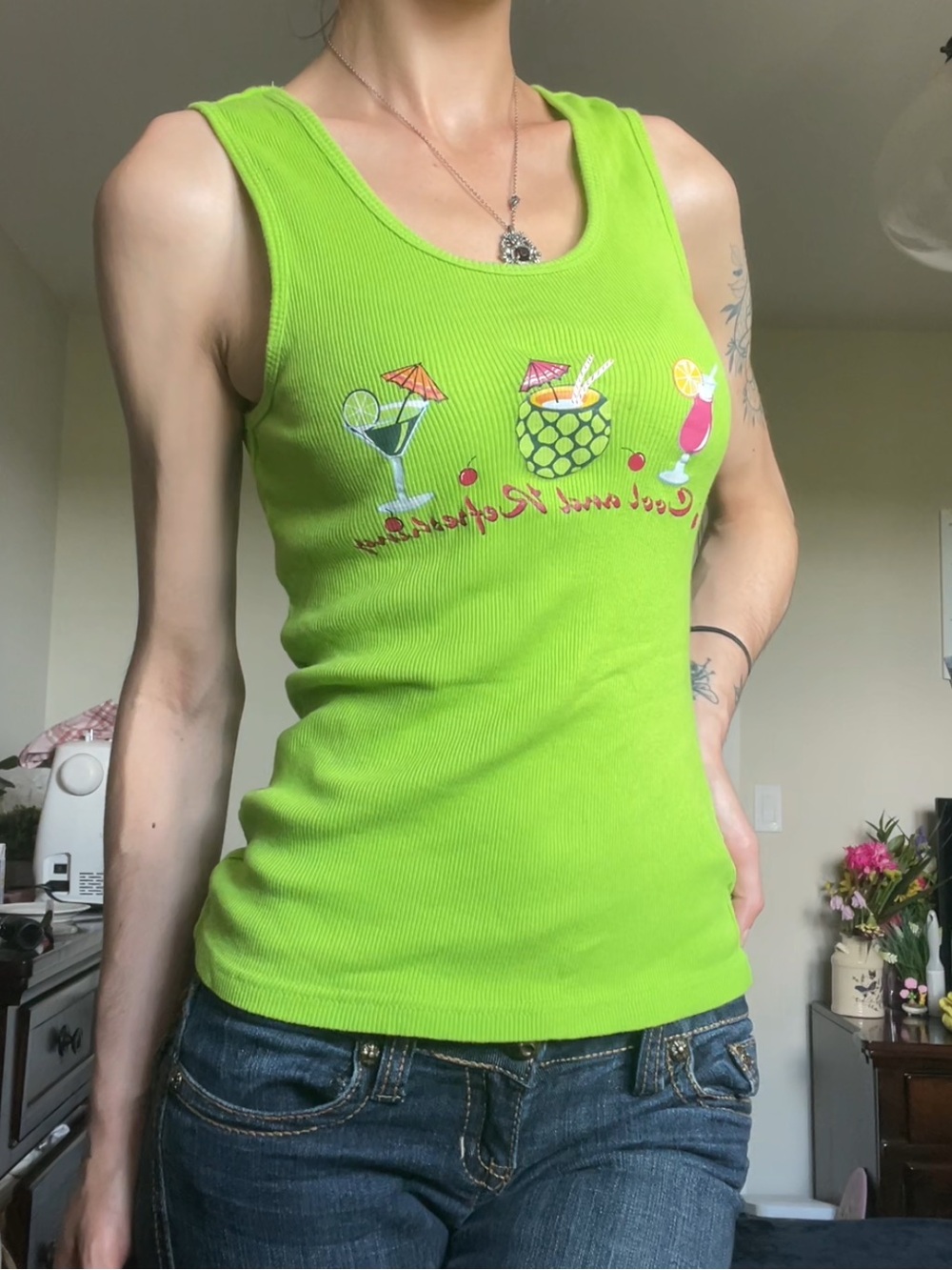 Y2K Green Ribbed Cocktail Graphic Tank Top - Women
